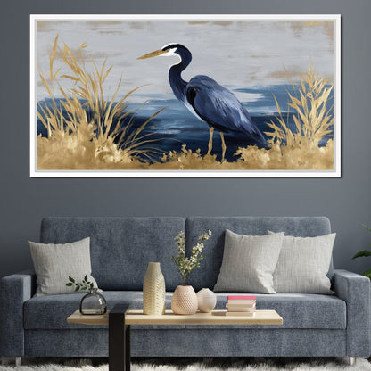 Coastal Heron Gold Reeds Canvas Wall Art