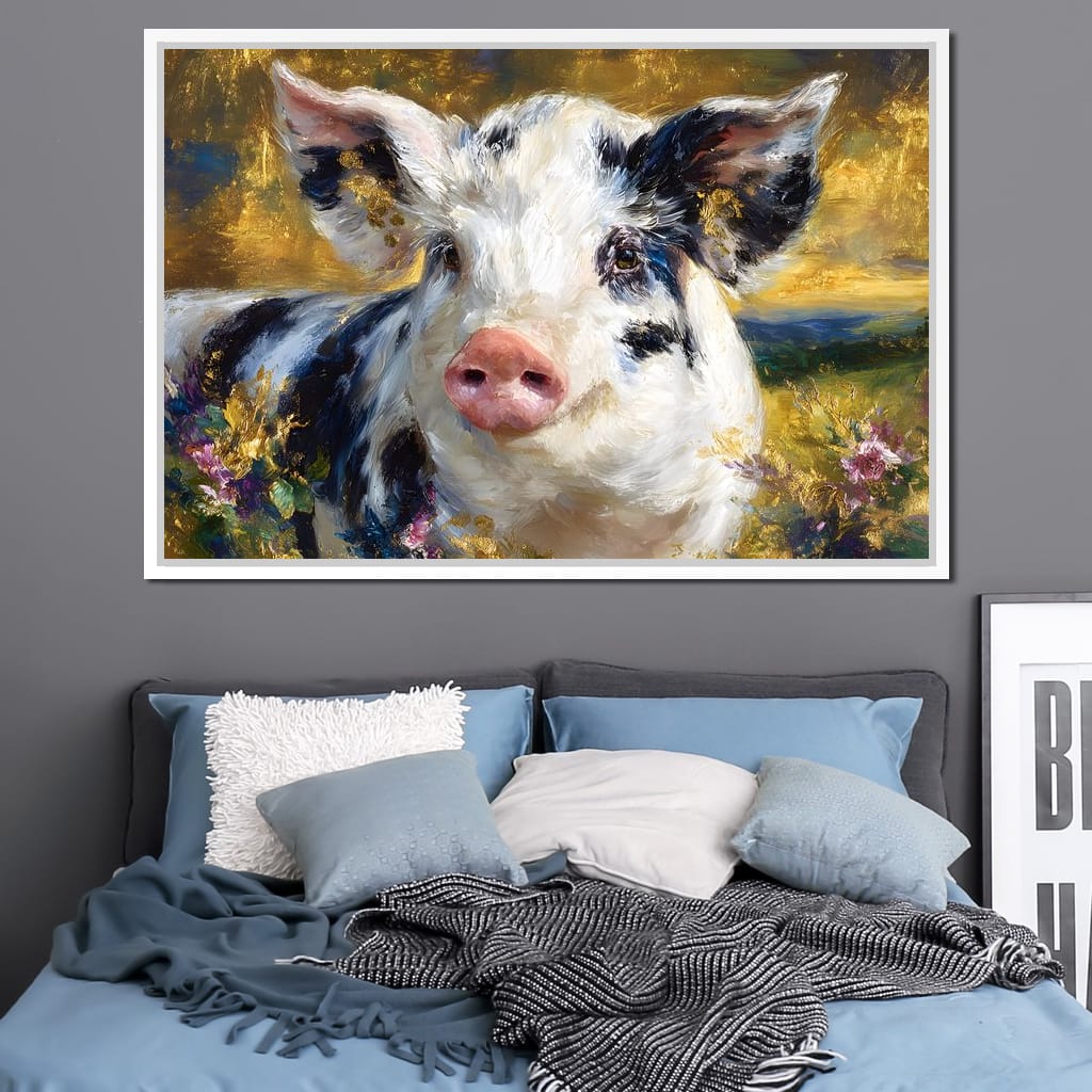 Golden Meadow Piglet Portrait Canvas Wall Art