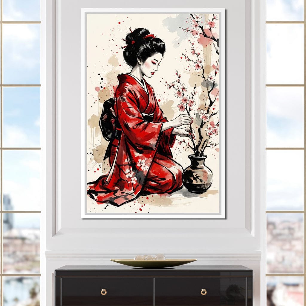 Japanese Woman with Cherry Blossoms Canvas Wall Art