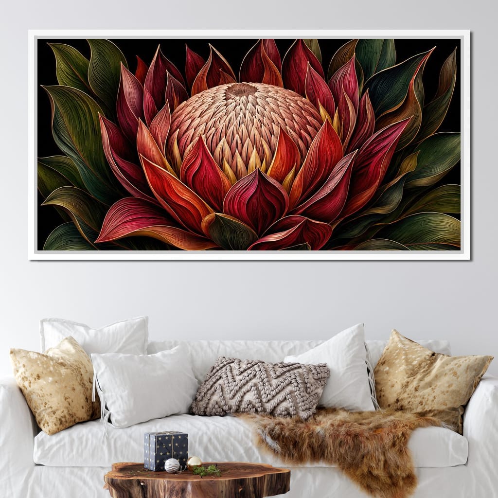 Crimson Protea Flame Crown Canvas Wall Art