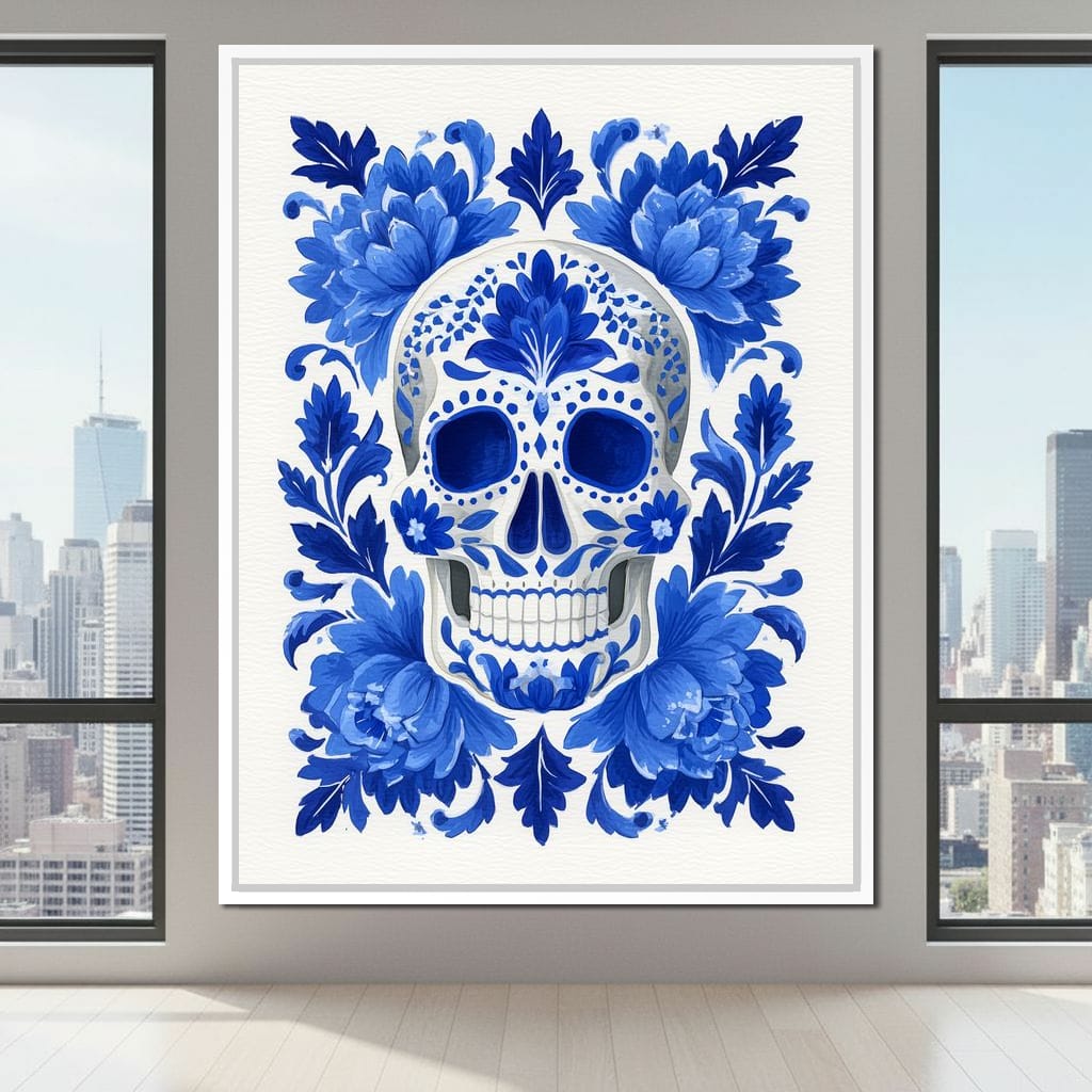 Blue Floral Sugar Skull Folkstyle Canvas Wall Art