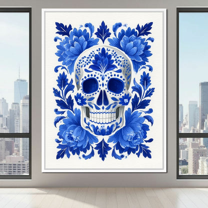 Blue Floral Sugar Skull Folkstyle Canvas Wall Art