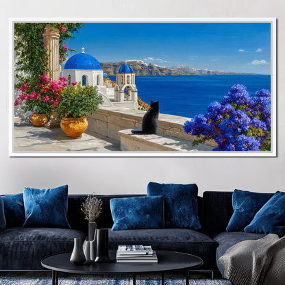 Santorini Blue Domes Cat Escape Canvas Wall Art