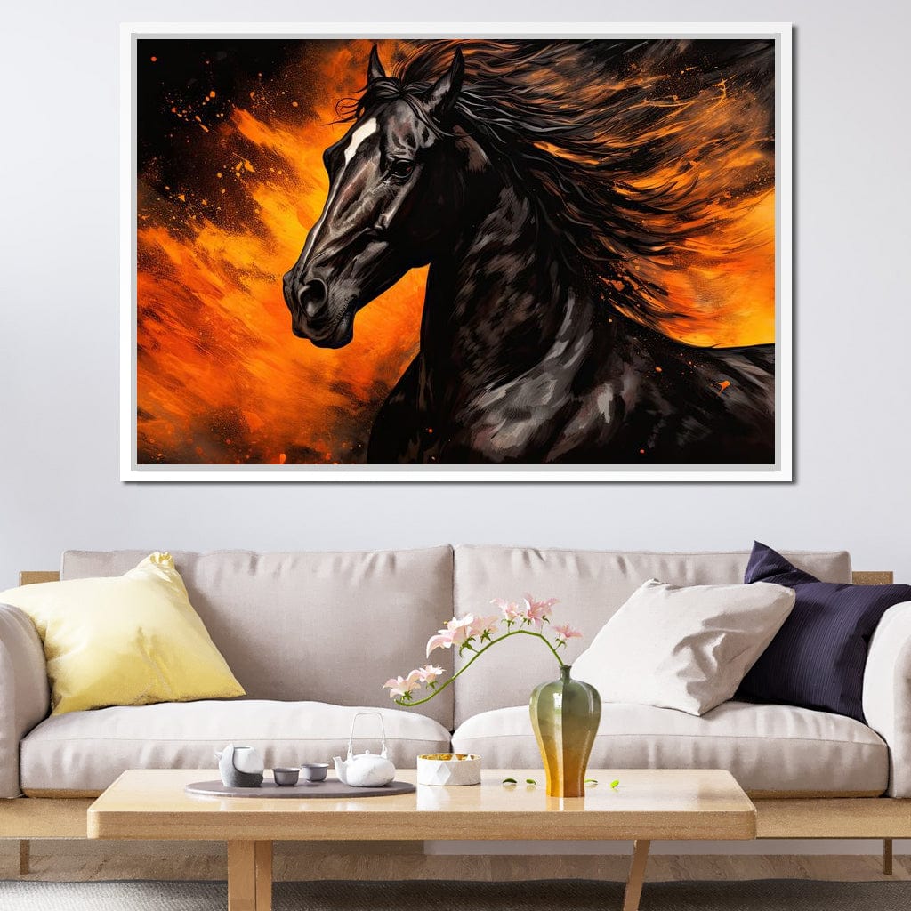 Stallion Amidst Ember Blaze Canvas Wall Art