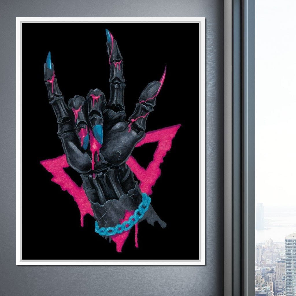 Neon Skeleton Rock Hand Sign Canvas Wall Art