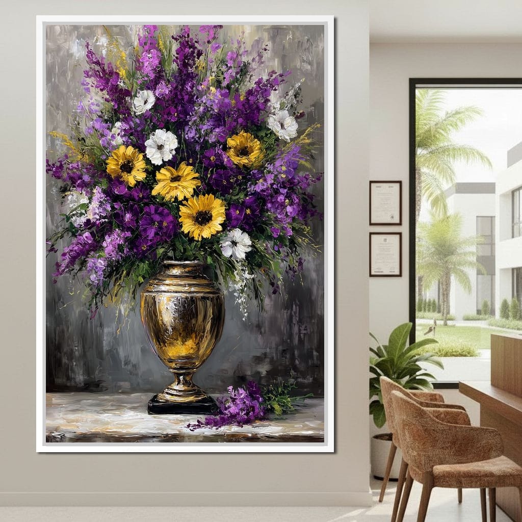 Golden Vase Violet Sunflowers Canvas Wall Art