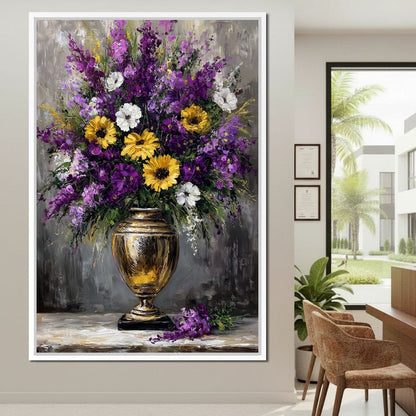 Golden Vase Violet Sunflowers Canvas Wall Art
