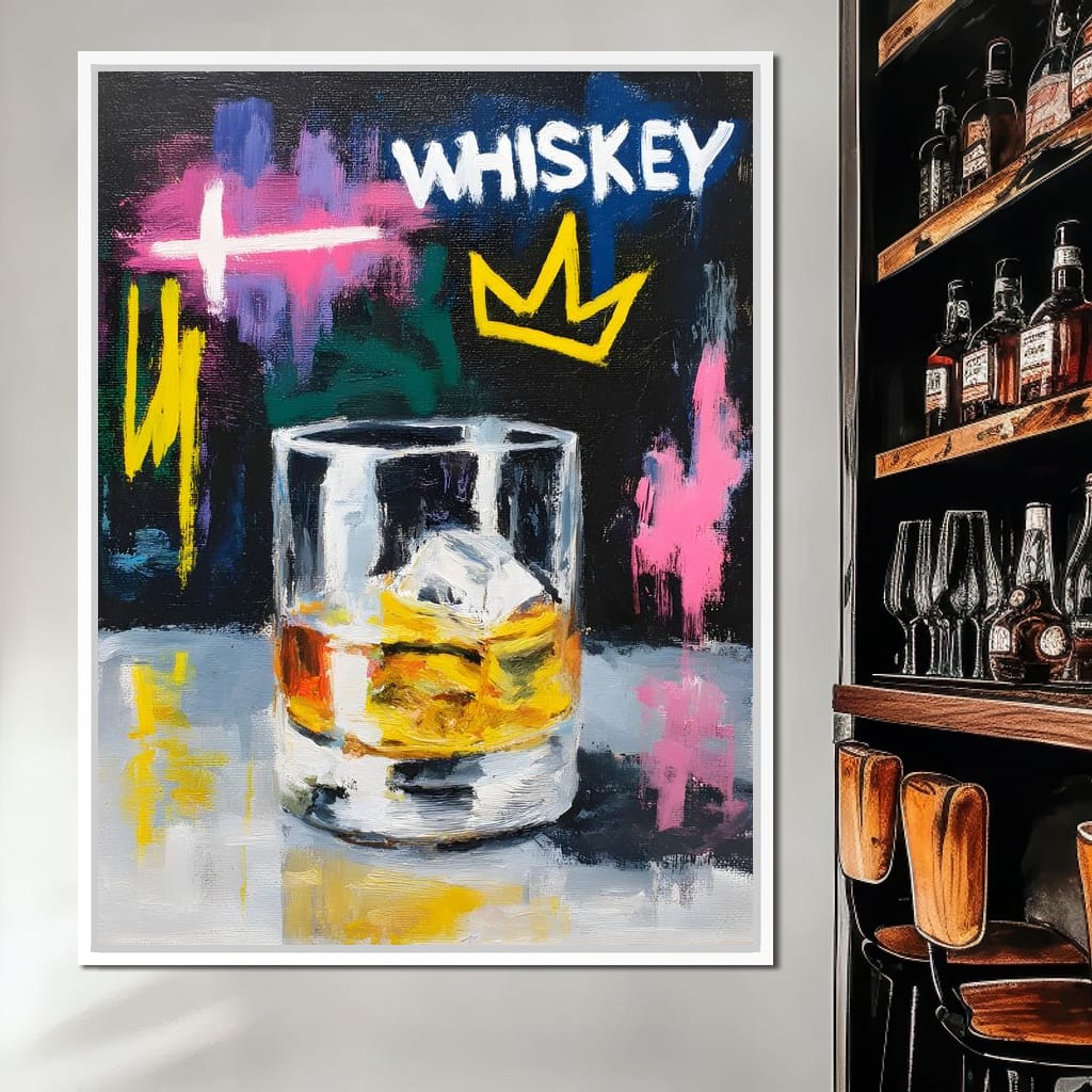 Whiskey Crown Rocks Glass Neon Canvas Wall Art