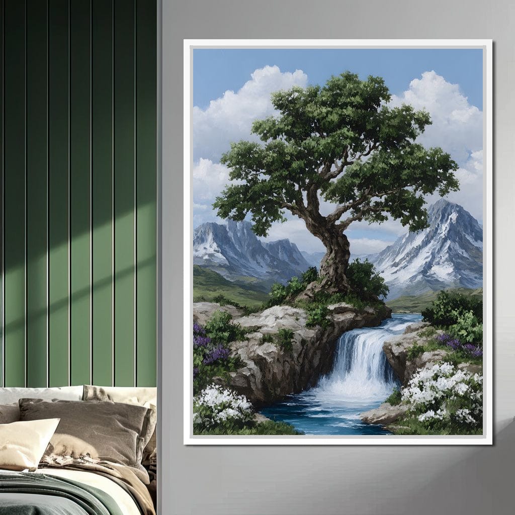 Majestic Tree Mountain Falls Canvas Wall Art