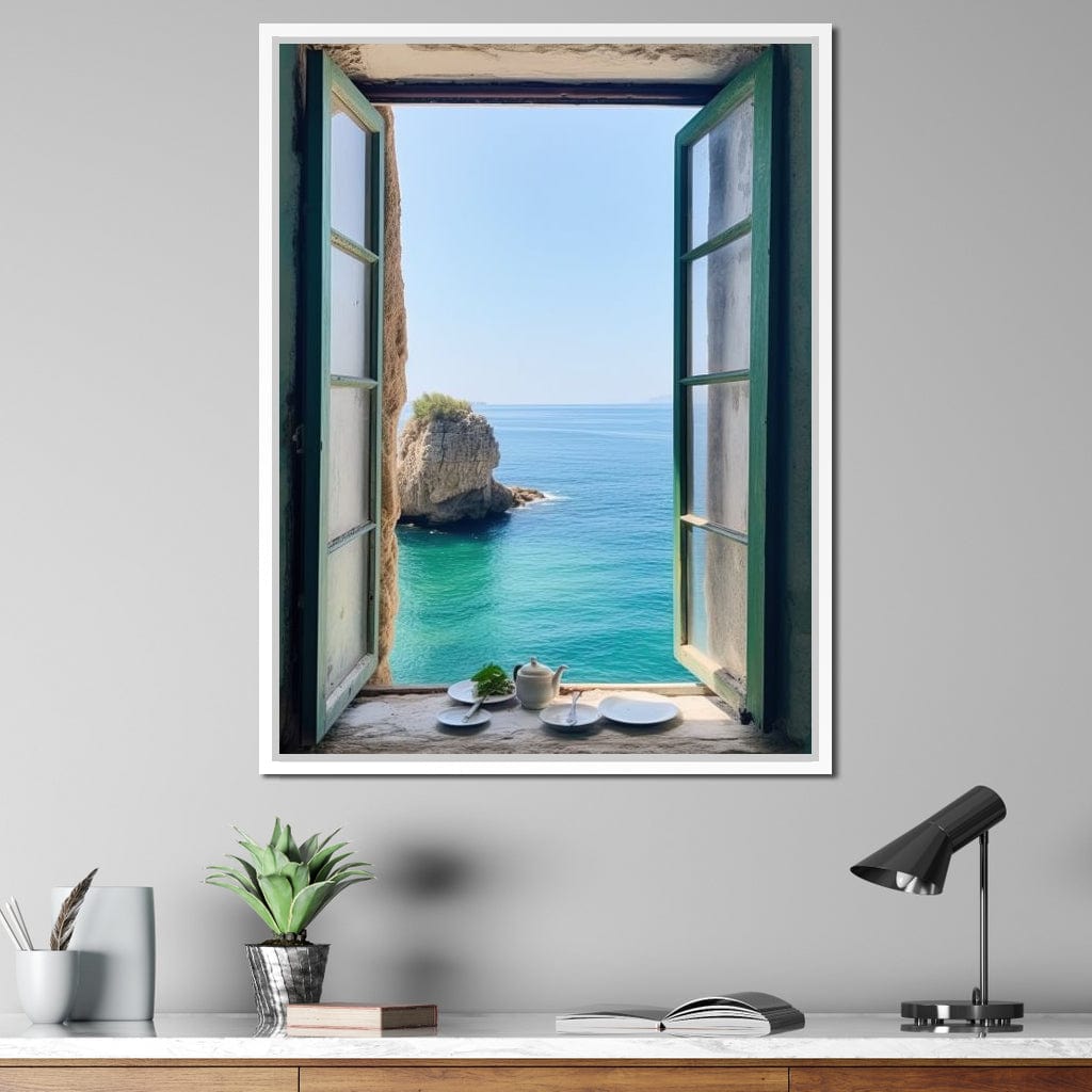 Oceanic Vista Through Wooden Pane Canvas Wall Art