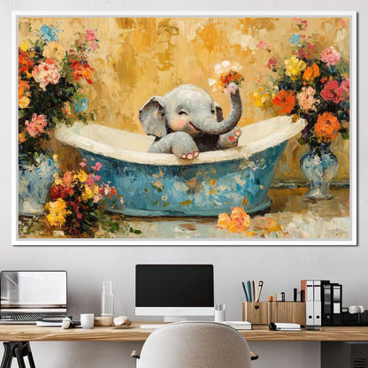 Elephant Joy in Floral Bath Canvas Wall Art