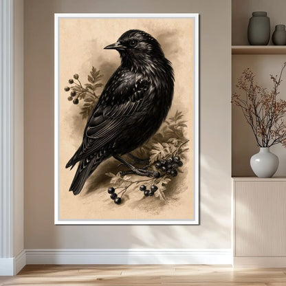 Solitary Starling Perched Upon Hawthorn Branch Canvas Wall Art