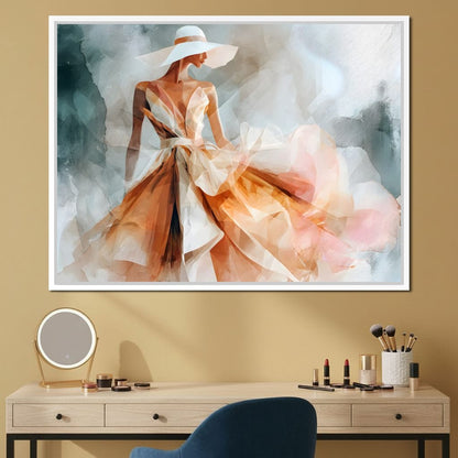 Sun Hat Lady in Peach Gown Canvas Wall Art