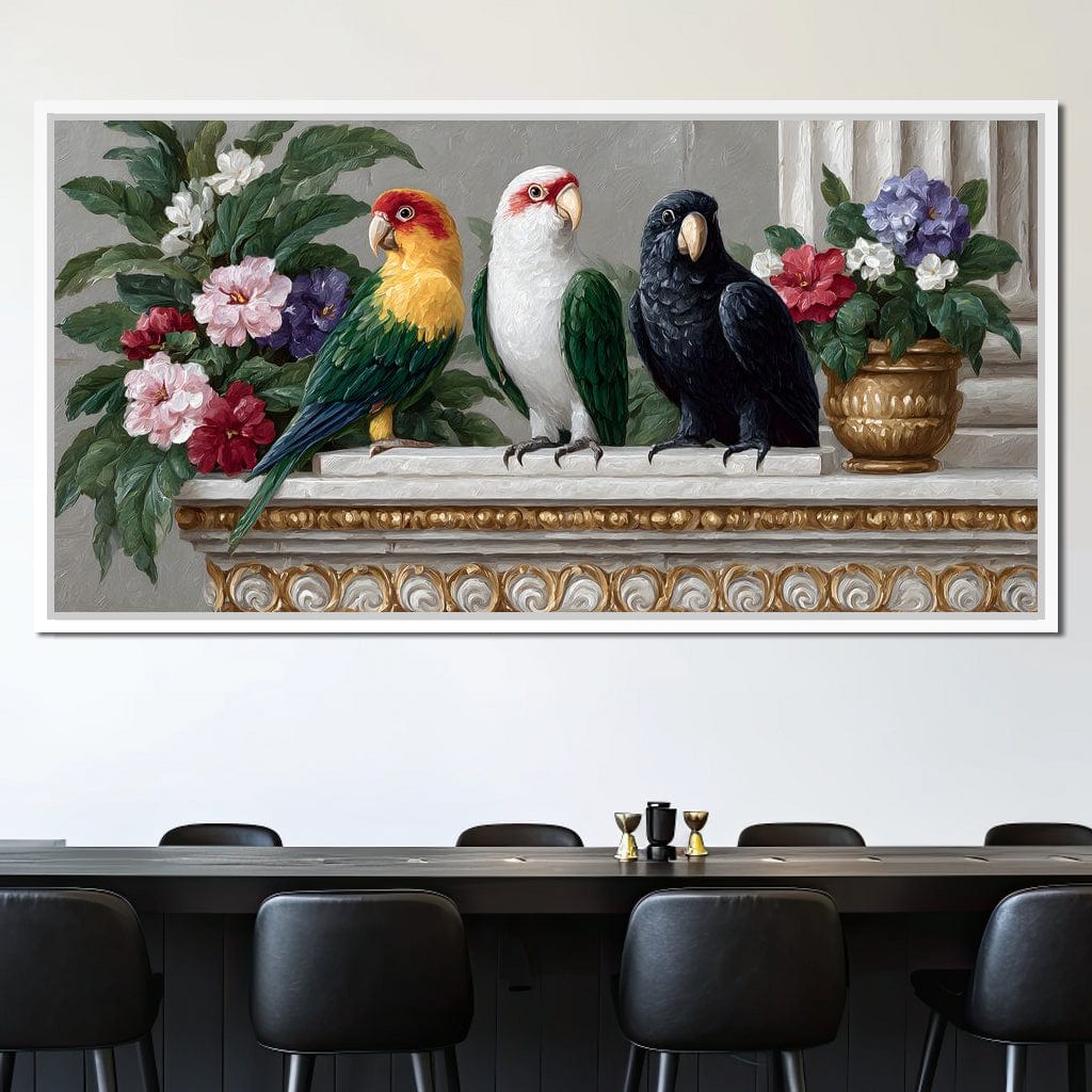 Parrot Trio On Florid Ledge Canvas Wall Art