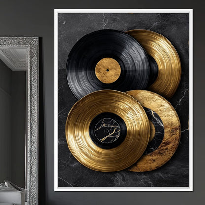 Gold Vinyl Records Noir Marble Canvas Wall Art