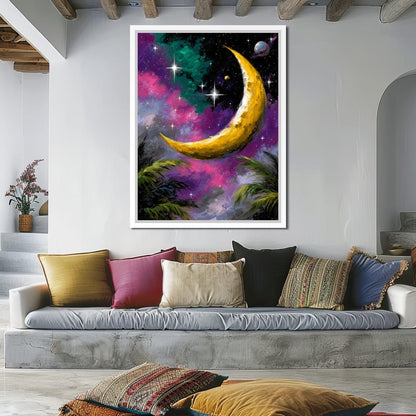 Golden Crescent Cosmic Nightscape Canvas Wall Art