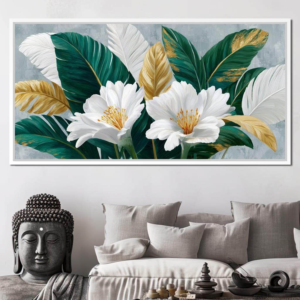 Gilded Tropical White Peony Canvas Wall Art