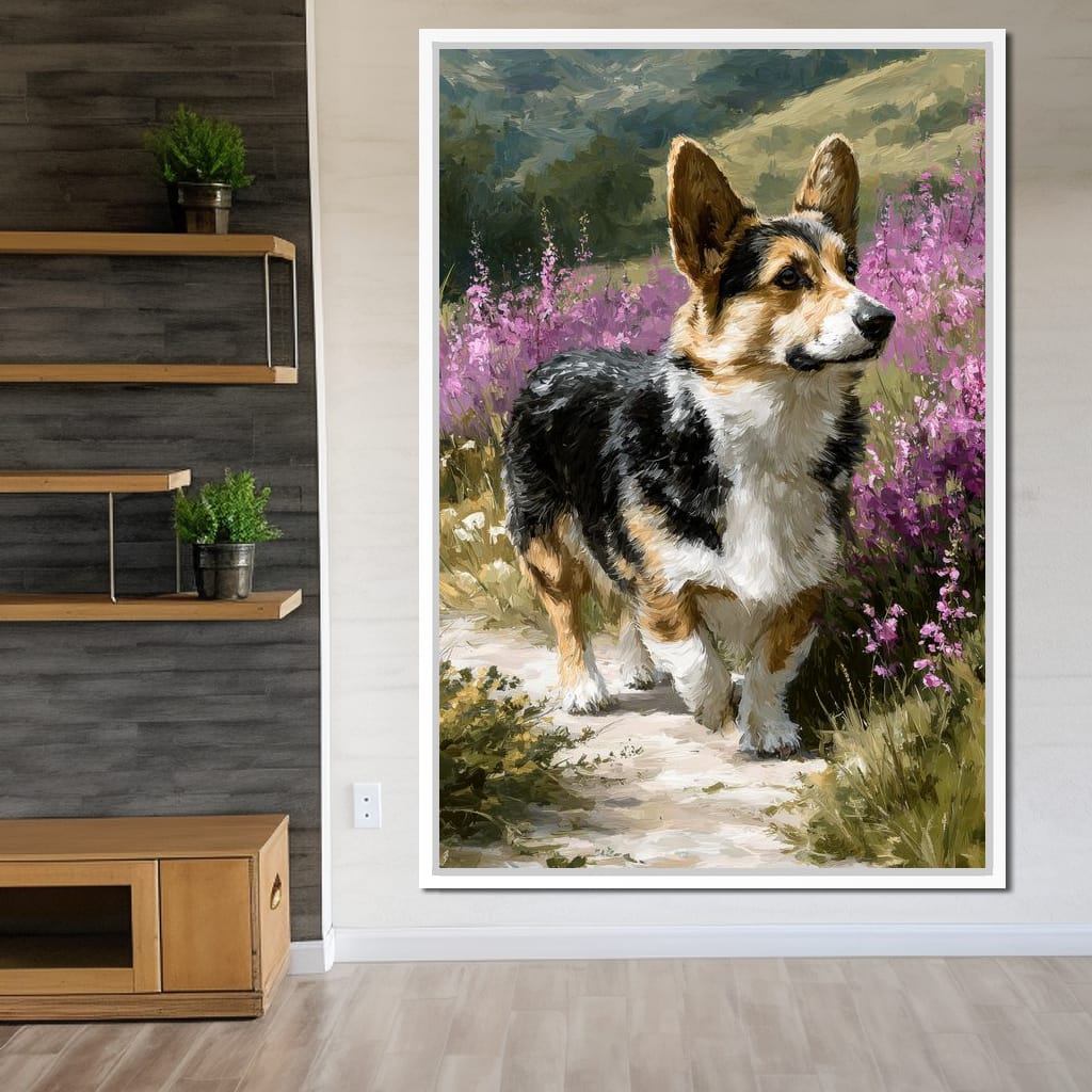 Corgi Along Heather Pathway Canvas Wall Art