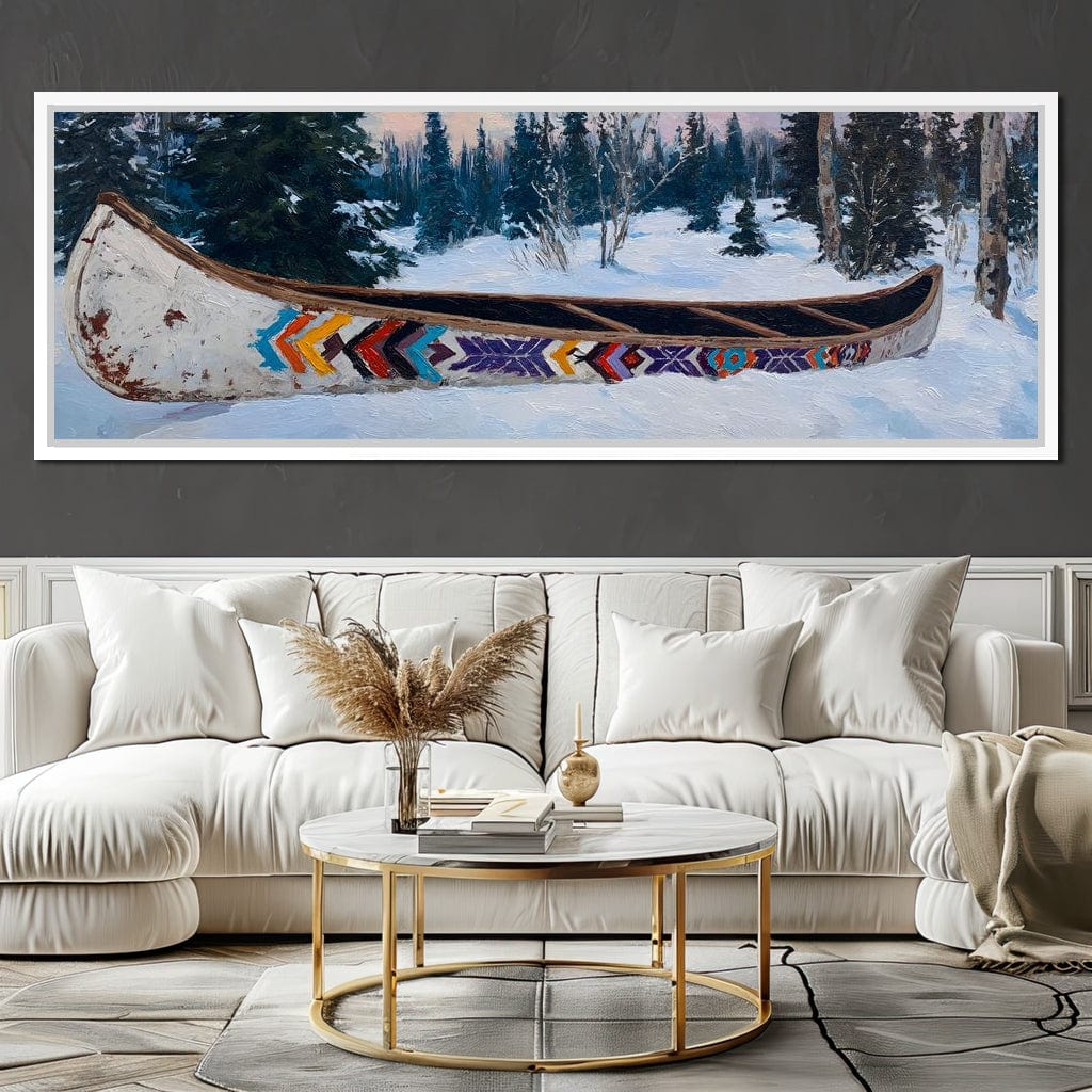 Painted Canoe Among Winter Pines Canvas Wall Art