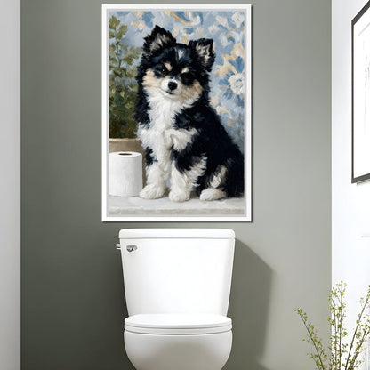 Playful Puppy Bathroom Guard Canvas Wall Art