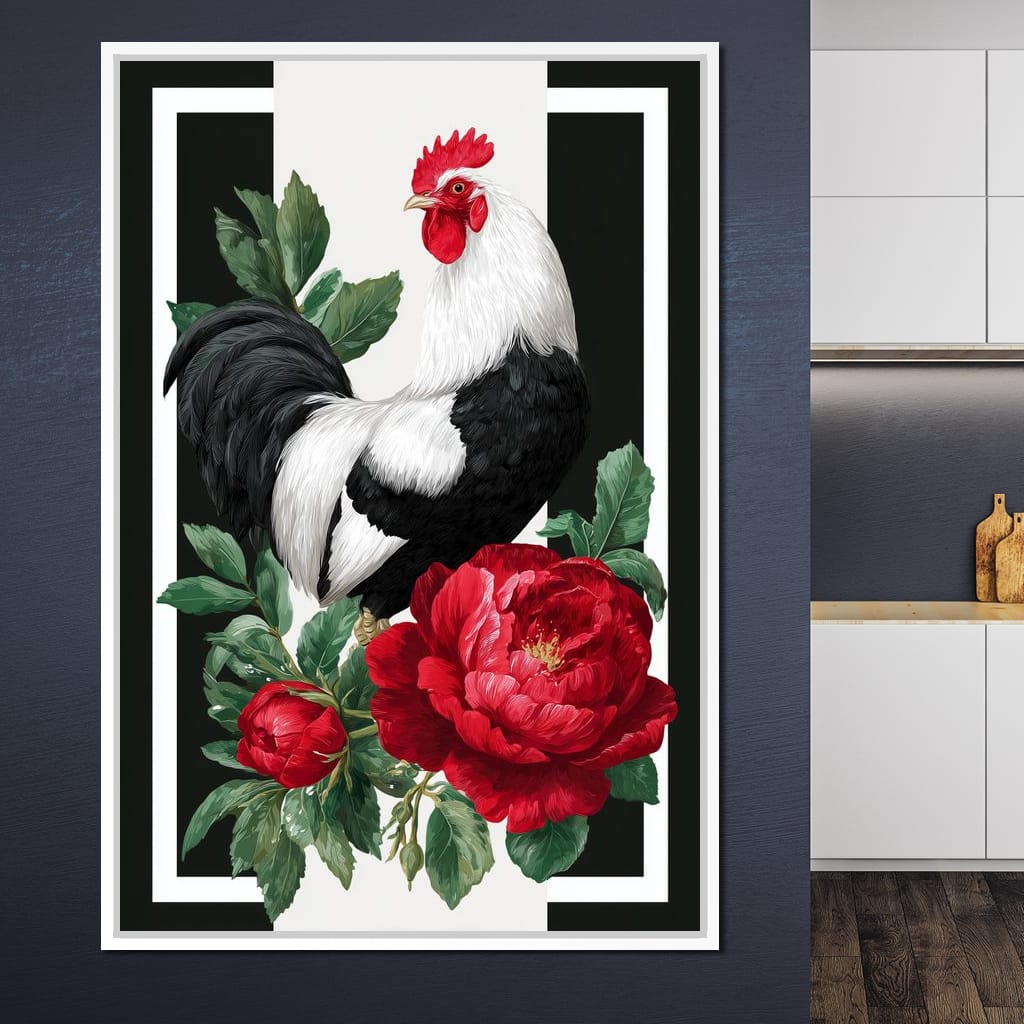 Rooster With Peony Garden Canvas Wall Art