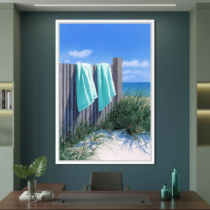 Coastal Towels On Dune Fence Canvas Wall Art