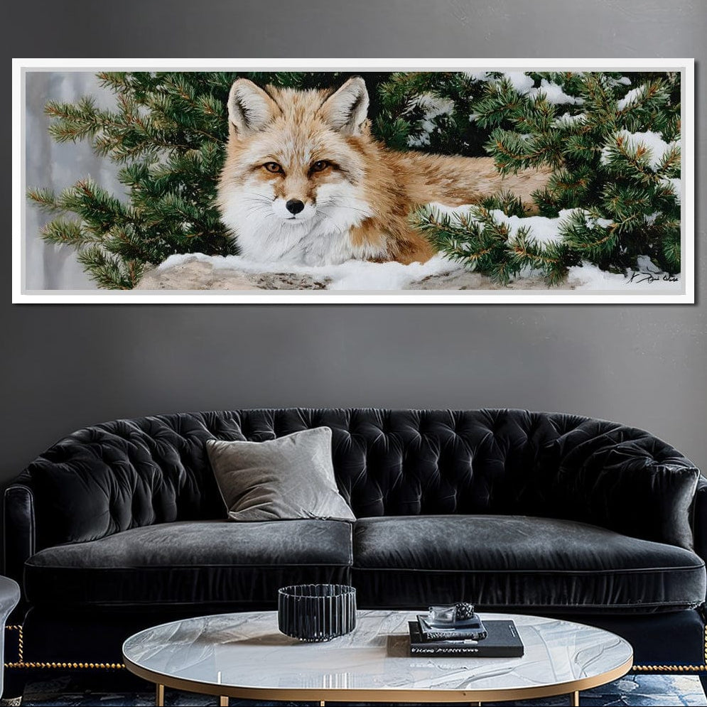 Winter Fox Under Pine Boughs Canvas Wall Art