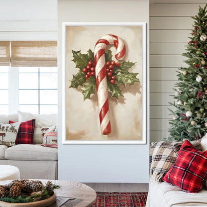 Christmas Candy Cane Holly Joy Canvas Wall Art