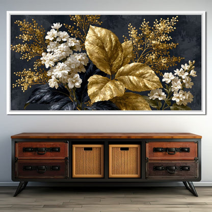 Gilded Foliage Upon Midnight Velvet Canvas Wall Art