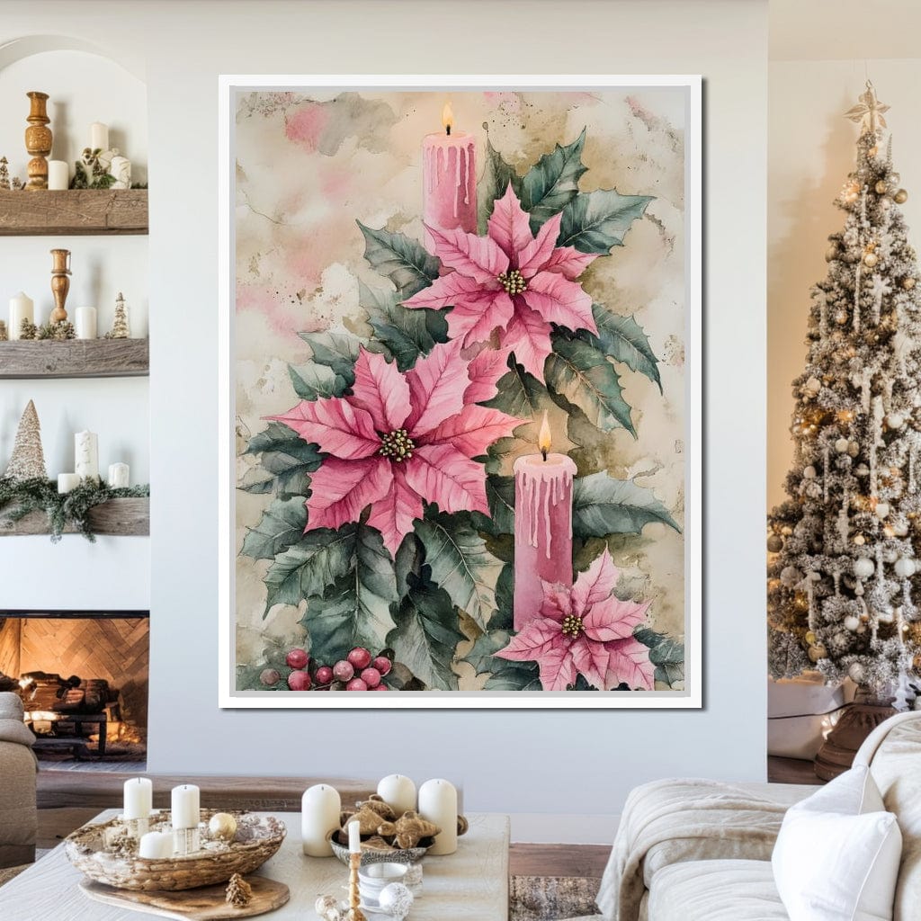 Festive Poinsettia Candle Glow Canvas Wall Art