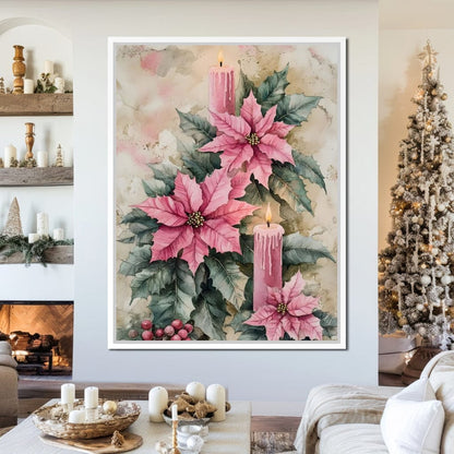 Festive Poinsettia Candle Glow Canvas Wall Art