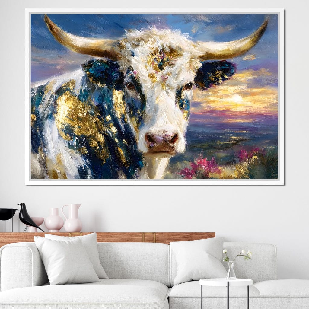 Golden Highland Cow Sunset Canvas Wall Art