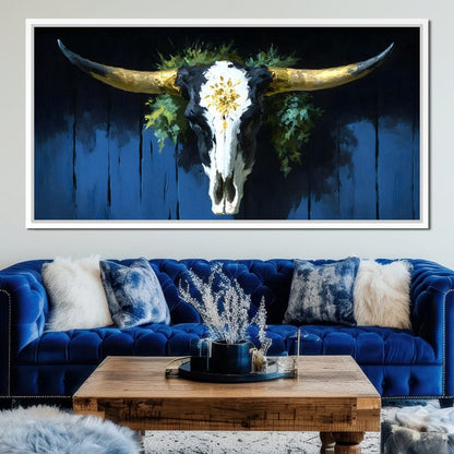 Golden Longhorn Skull Rustic Canvas Wall Art