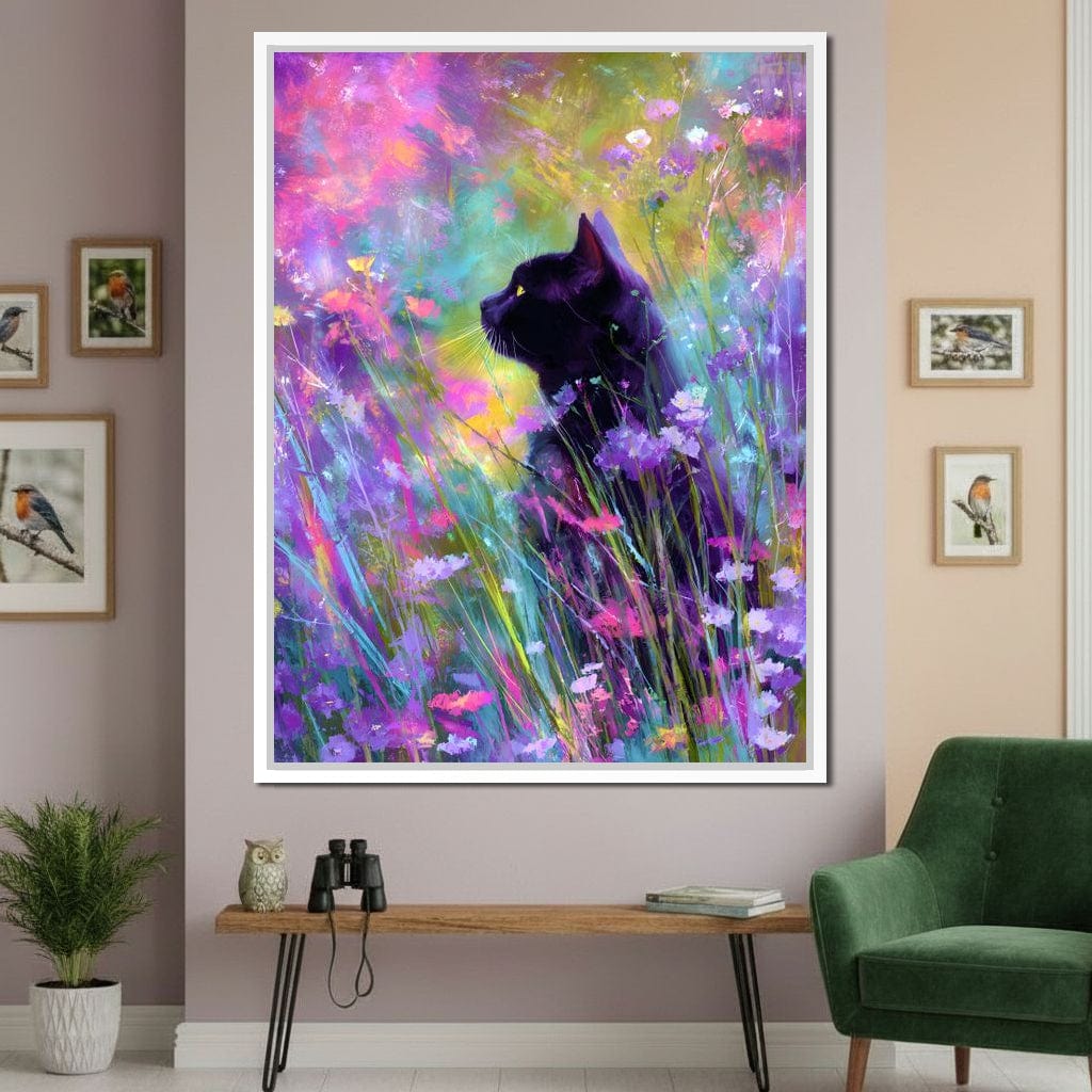 Midnight Feline Among Wildflowers Canvas Wall Art