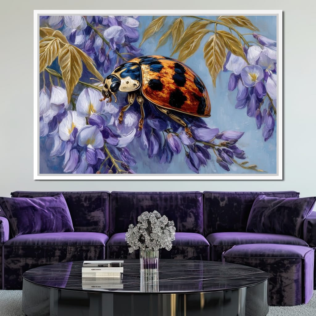 Ladybug On Wisteria Bloom Canvas Wall Art