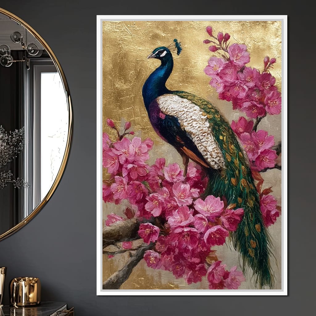 Golden Peacock Cherry Blossom Canvas Wall Art