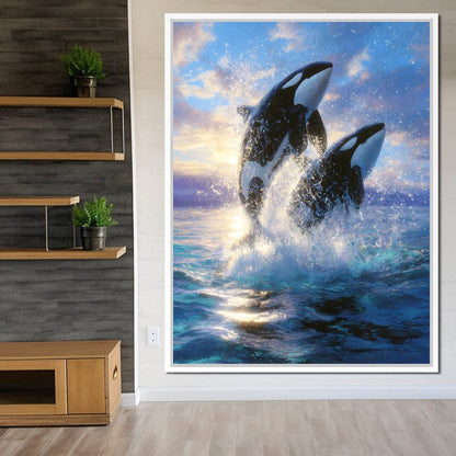Breaching Orcas Dawn Ocean Dance Canvas Wall Art