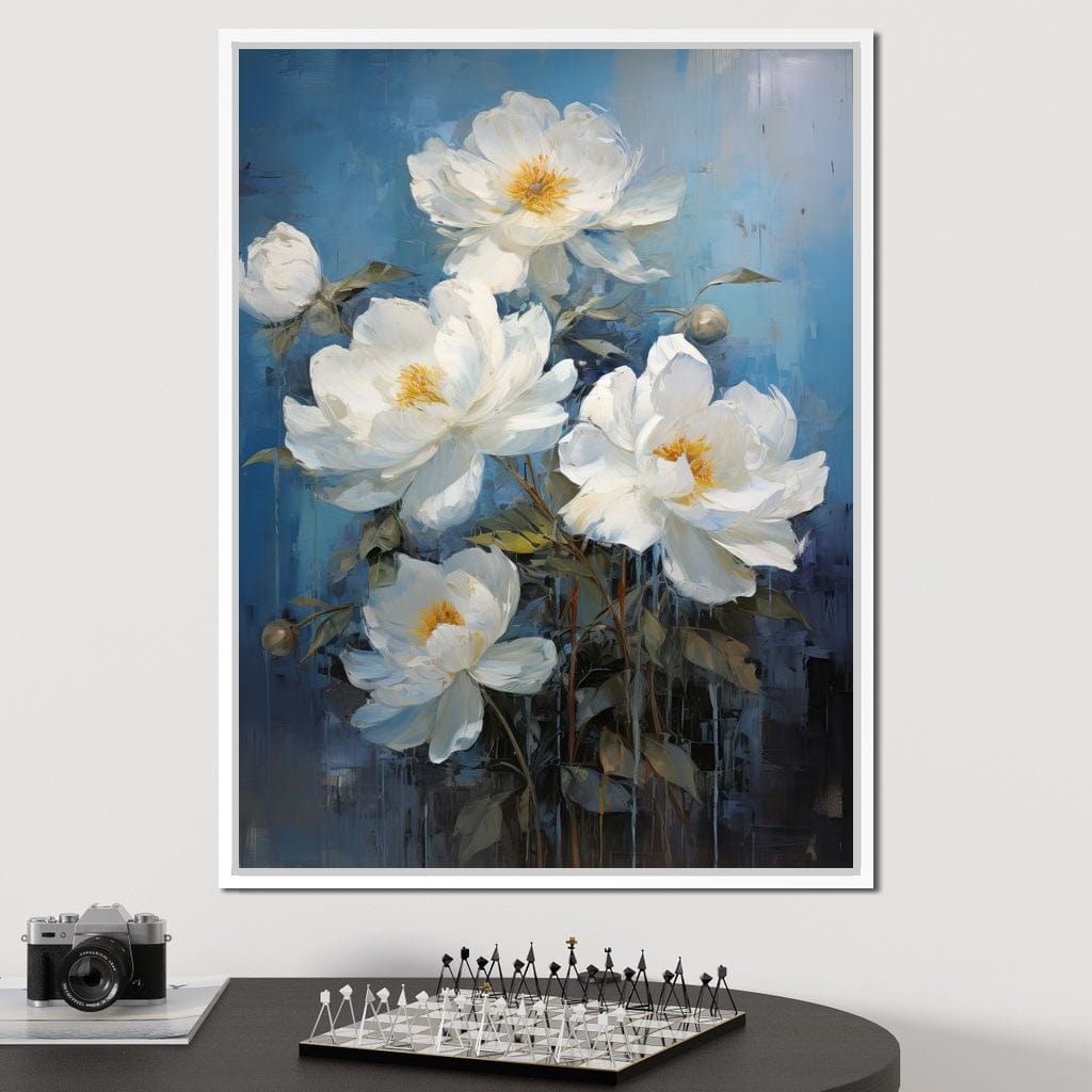White Peonies on Light Blue Background Canvas Wall Art