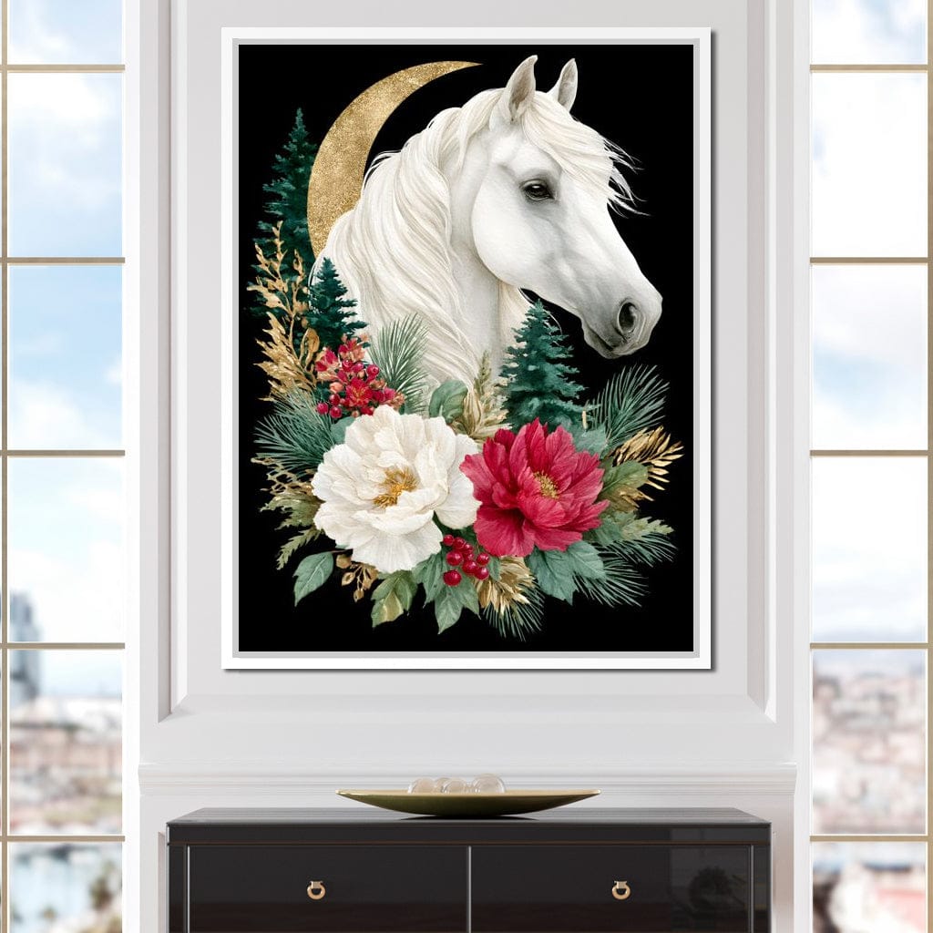 Moonlit Floral Gold White Horse Canvas Wall Art
