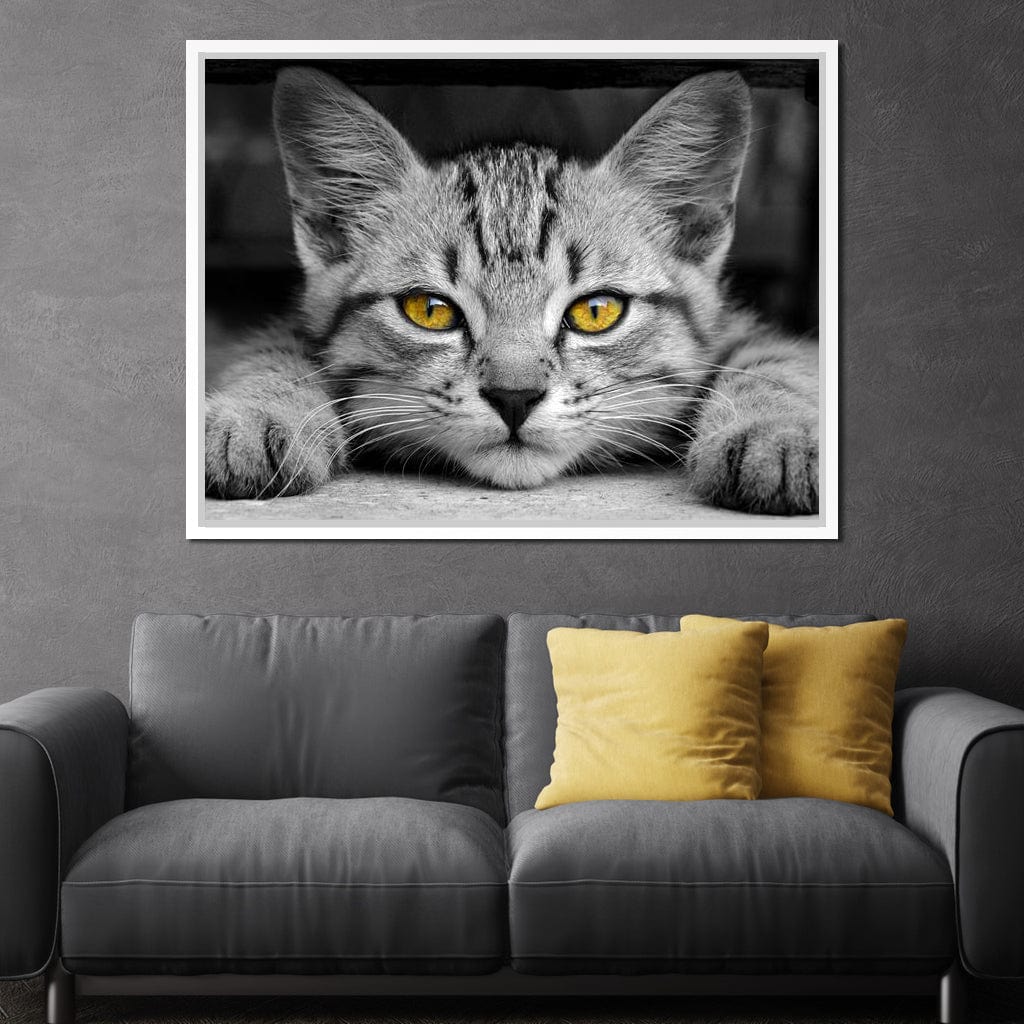 Black & White Cat with Yellow Eyes Canvas Wall Art
