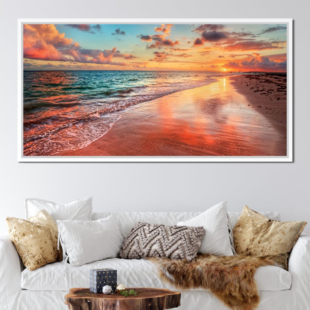 Sunset Over an Ocean Beach Shore Canvas Wall Art