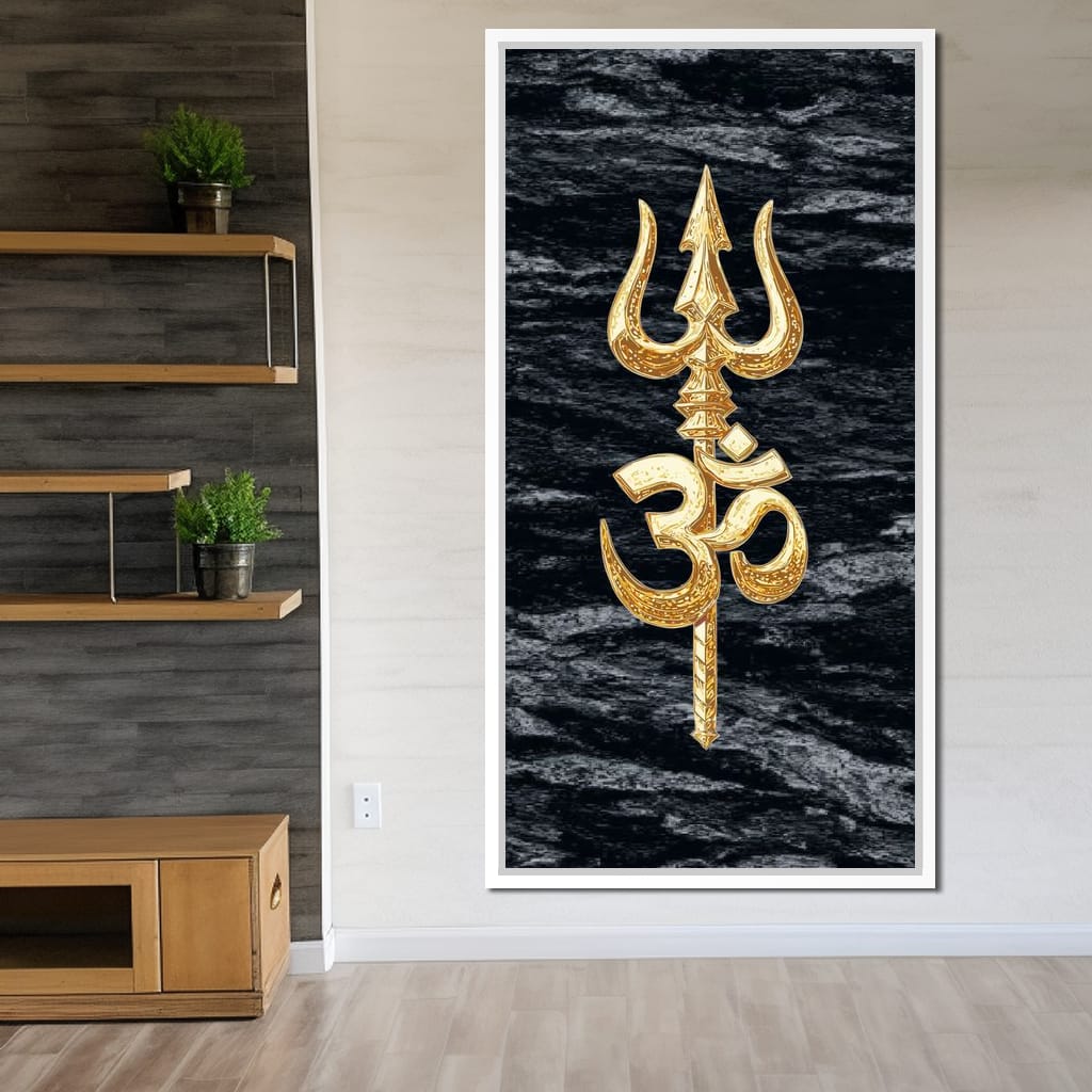 Golden Om Trishul Emblem Canvas Wall Art