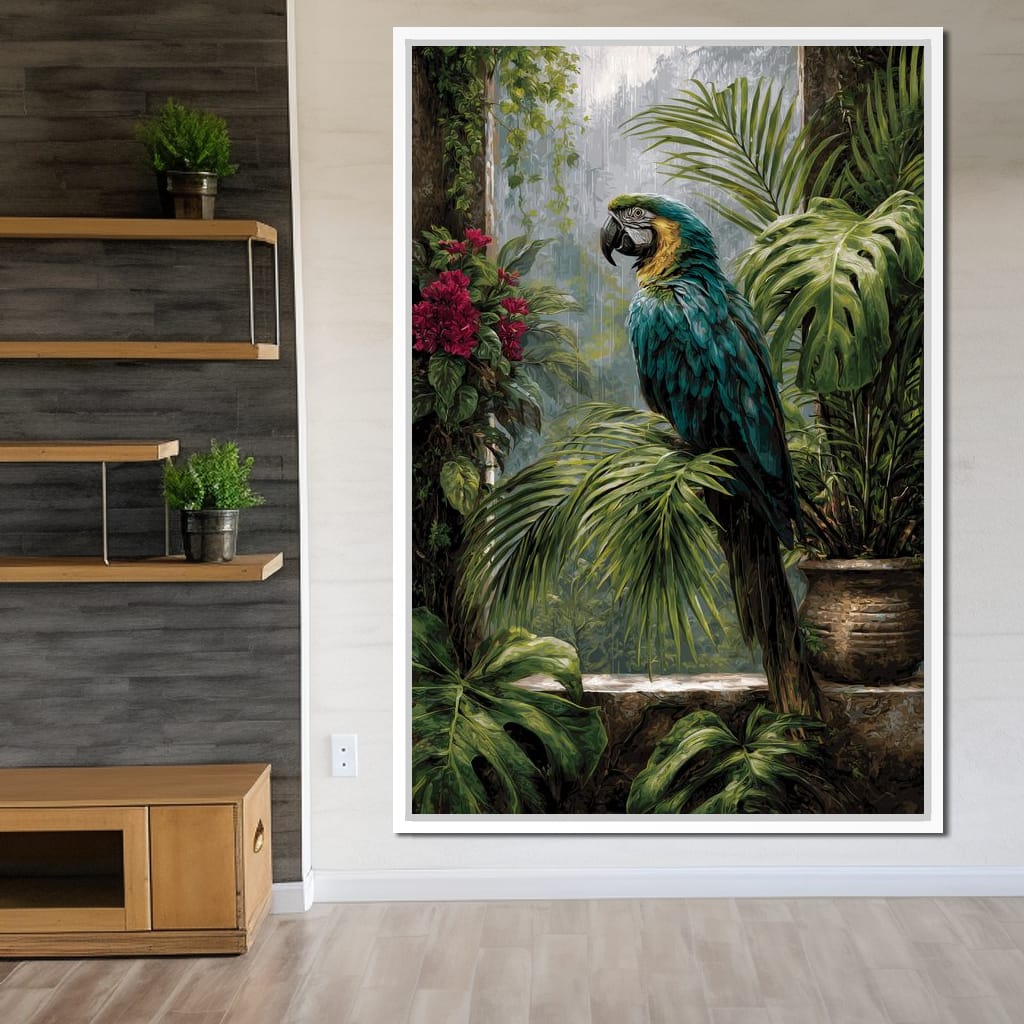 Rainforest Macaw Perch Scene Canvas Wall Art