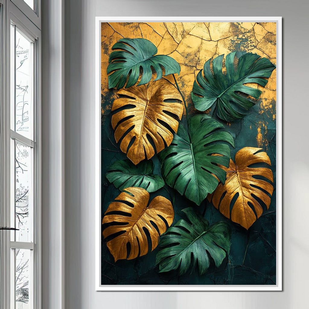 Golden Monstera Leaves Canvas Wall Art