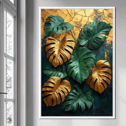 Golden Monstera Leaves Canvas Wall Art