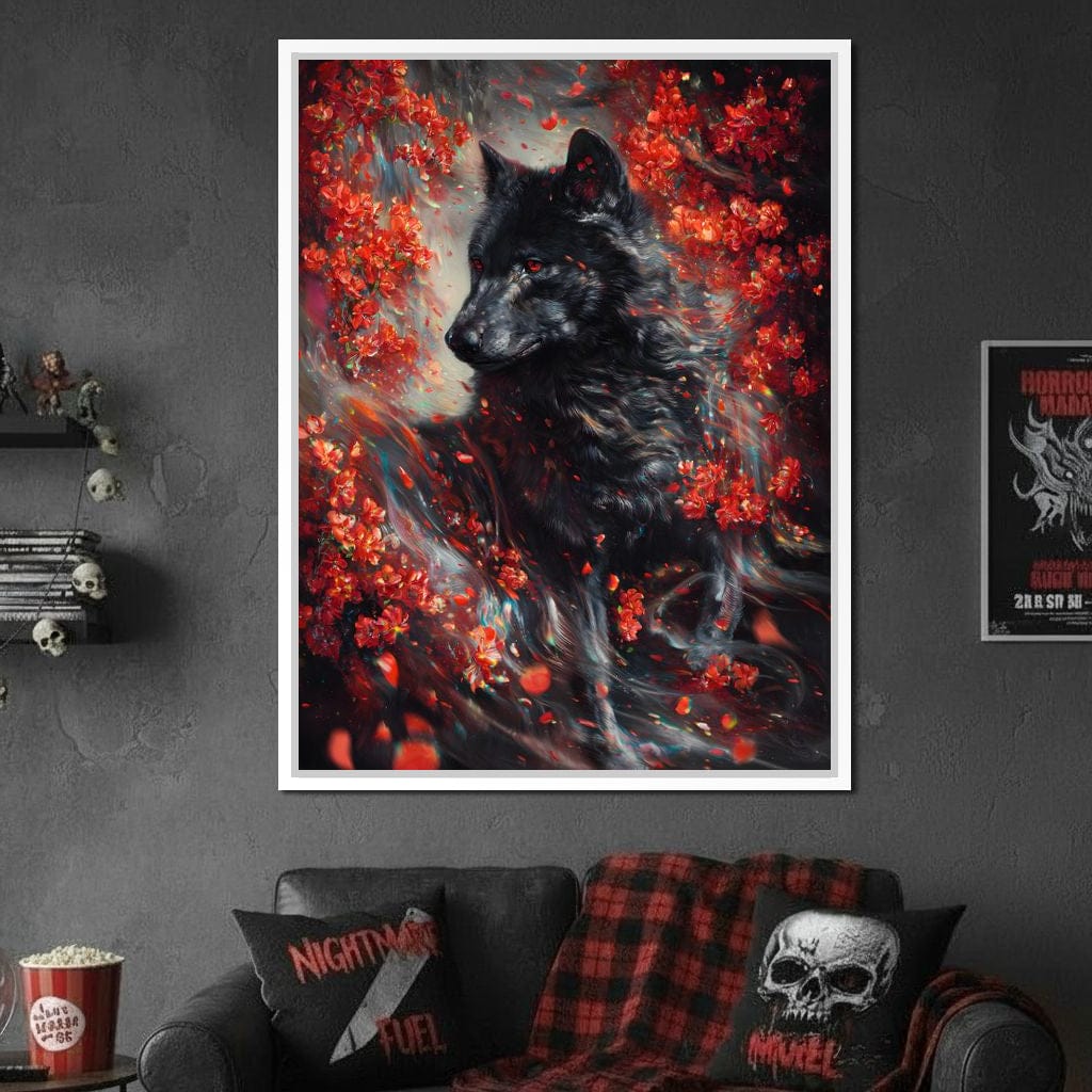 Black Wolf Rose Petal Storm Canvas Wall Art