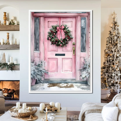 Winter Welcome Pink Door Canvas Wall Art