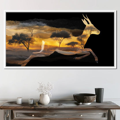 Golden Savanna Antelope Run Canvas Wall Art