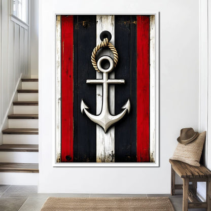 Nautical Anchor on Stripes Canvas Wall Art