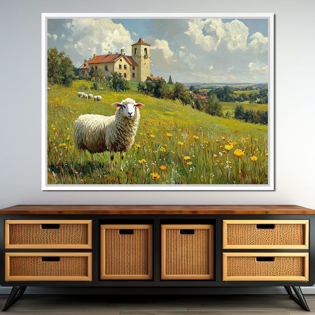 Meadow Sheep by the Countryside Canvas Wall Art